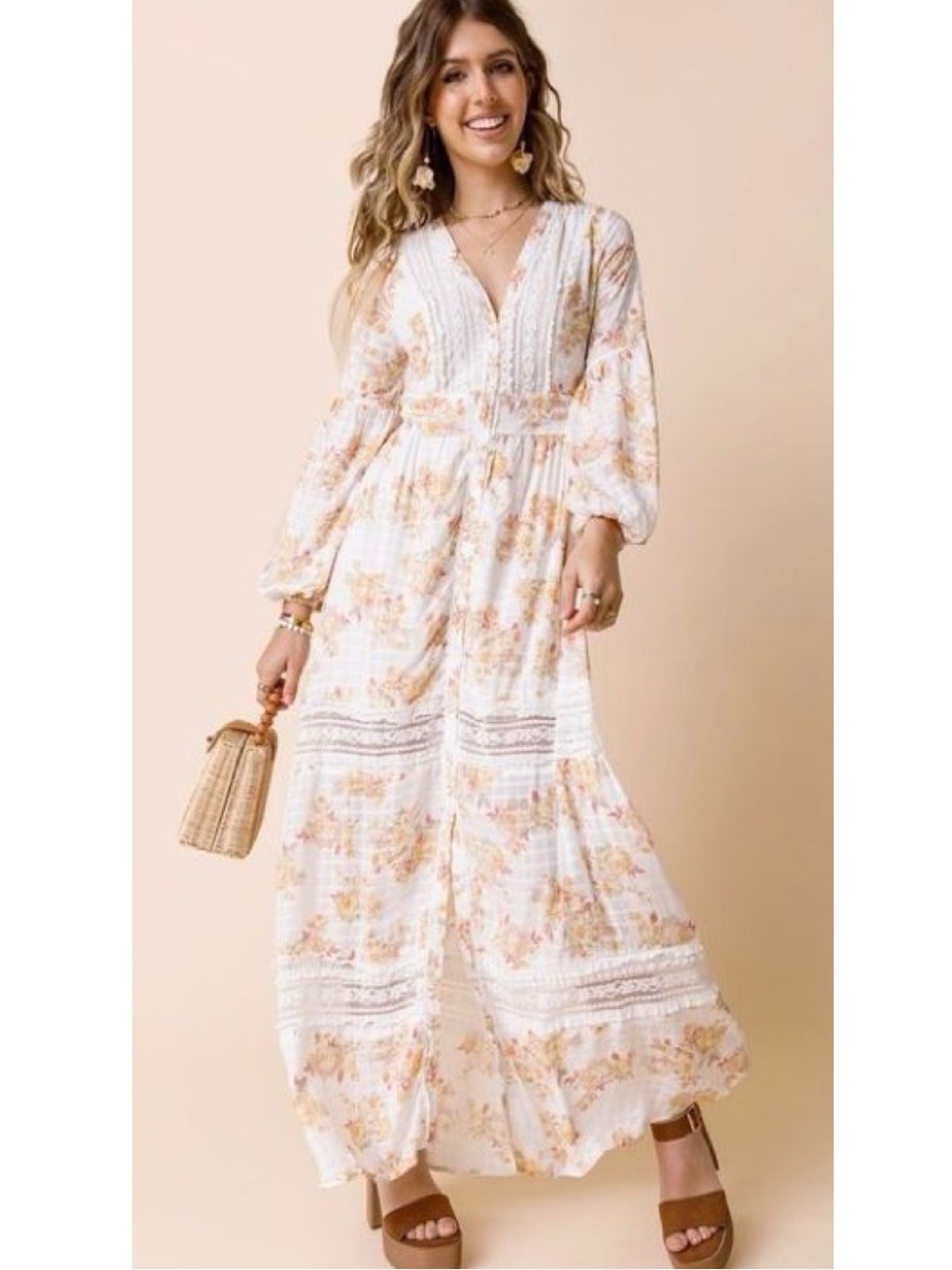AUDREY PARKS FRANCESCA’S Floral Maxi Dress in Cream and Yellow - Boho V-Neck - Picture 13 of 13